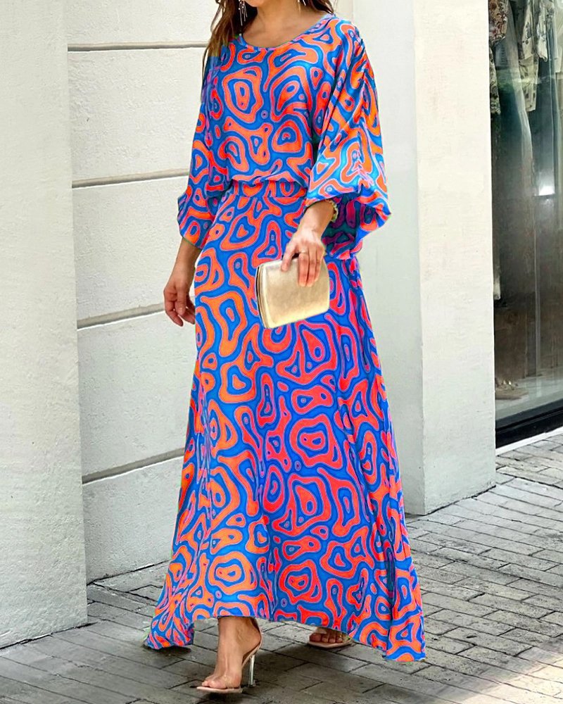 Elegant Round Neck Print Loose Maxi Dress