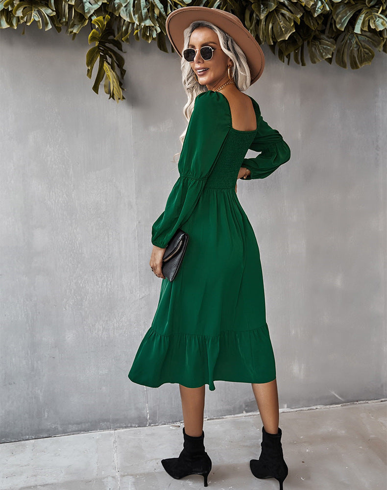 Casual U Neck Long Sleeve Midi Dress