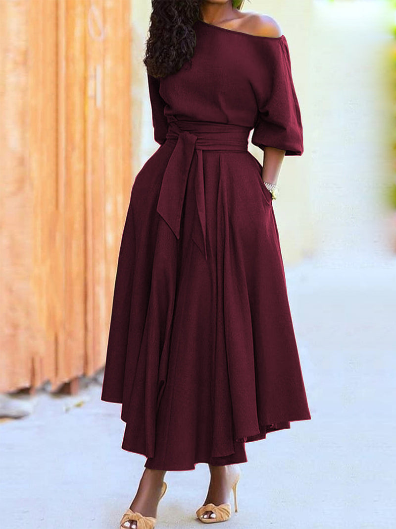 Off Shoulder Short Sleeve Waist Tie Maxi Dress