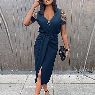 Zip Up Cold Shoulder Front Split Midi Dress