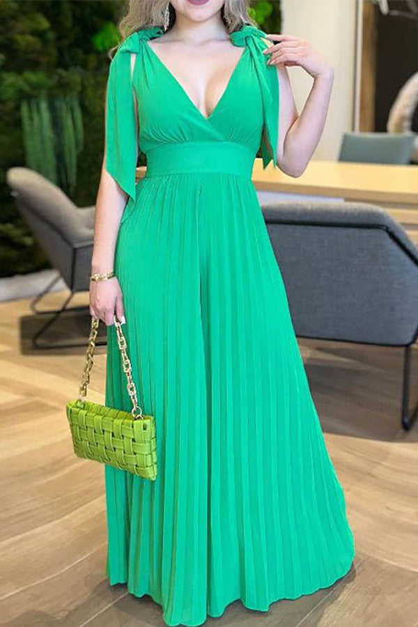 Tie Shoulder Wide Leg Pleated Jumpsuit