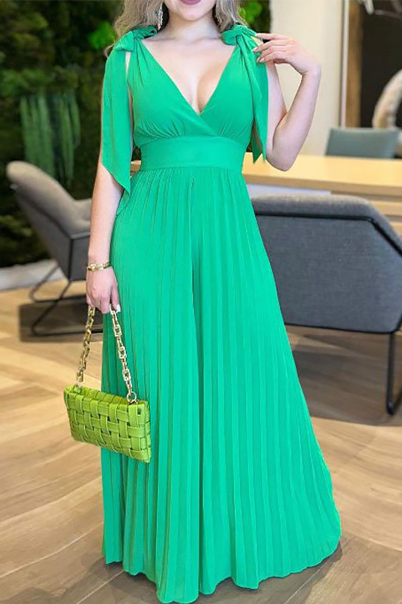 Tie Shoulder Wide Leg Pleated Jumpsuit