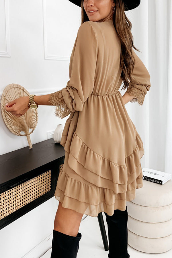 Cross V Neck Solid Color Mini Dress