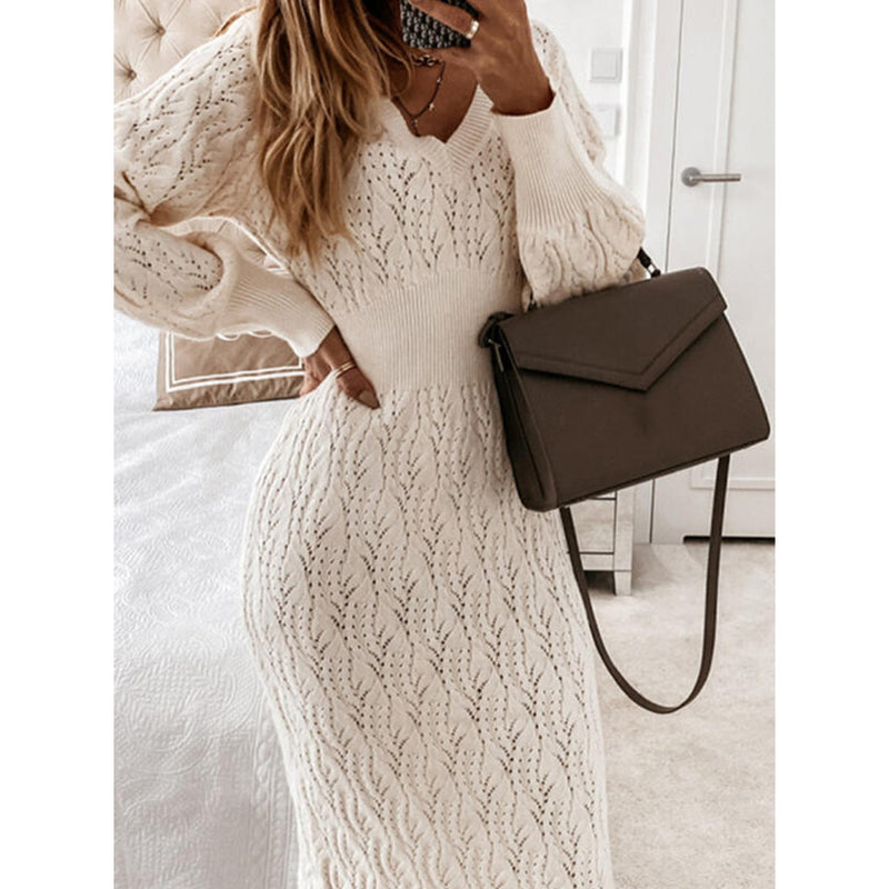 Casual Long Sleeve V Neck Knit Sweater Dress