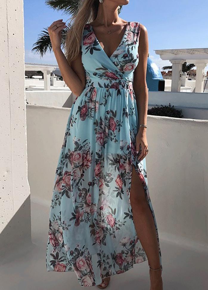 Printed Side Split V Neck Sleeveless Dress