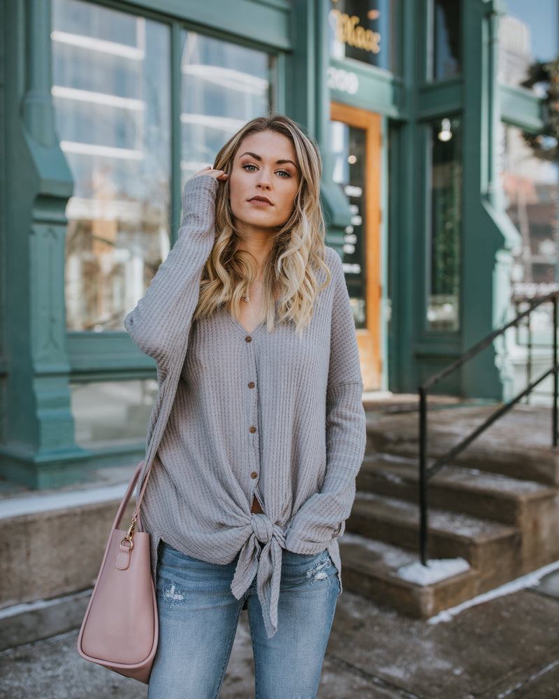 White Knotted V-neck Long Sleeved Button Sweater