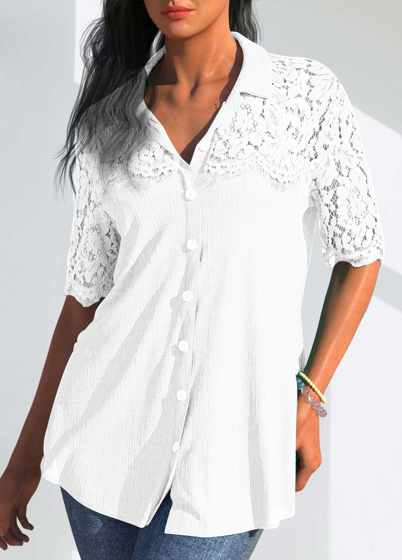 Button Down Short Sleeve Solid Color Loose Shirt Top