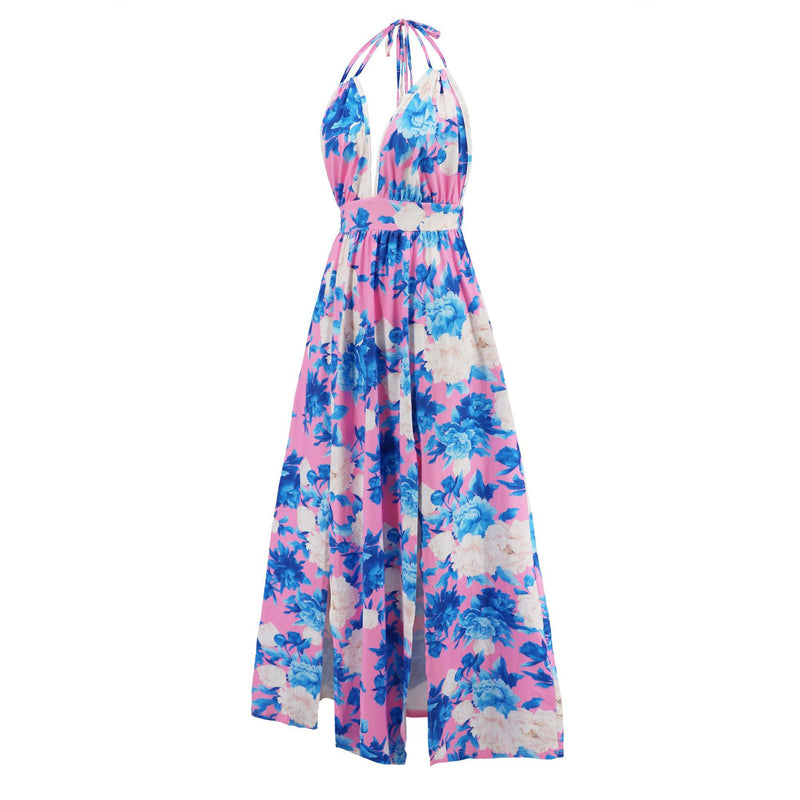 Sleeveless Backless Floral Print High Split Maxi Dress