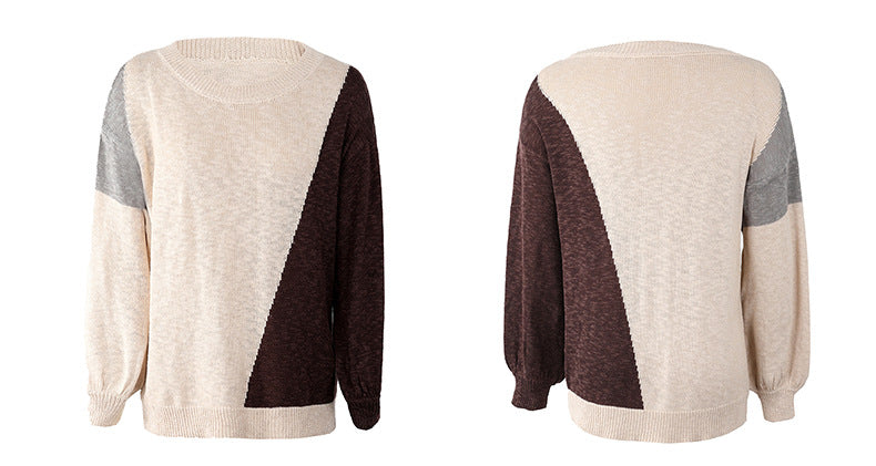 Round Neck Color Block Casual Sweater