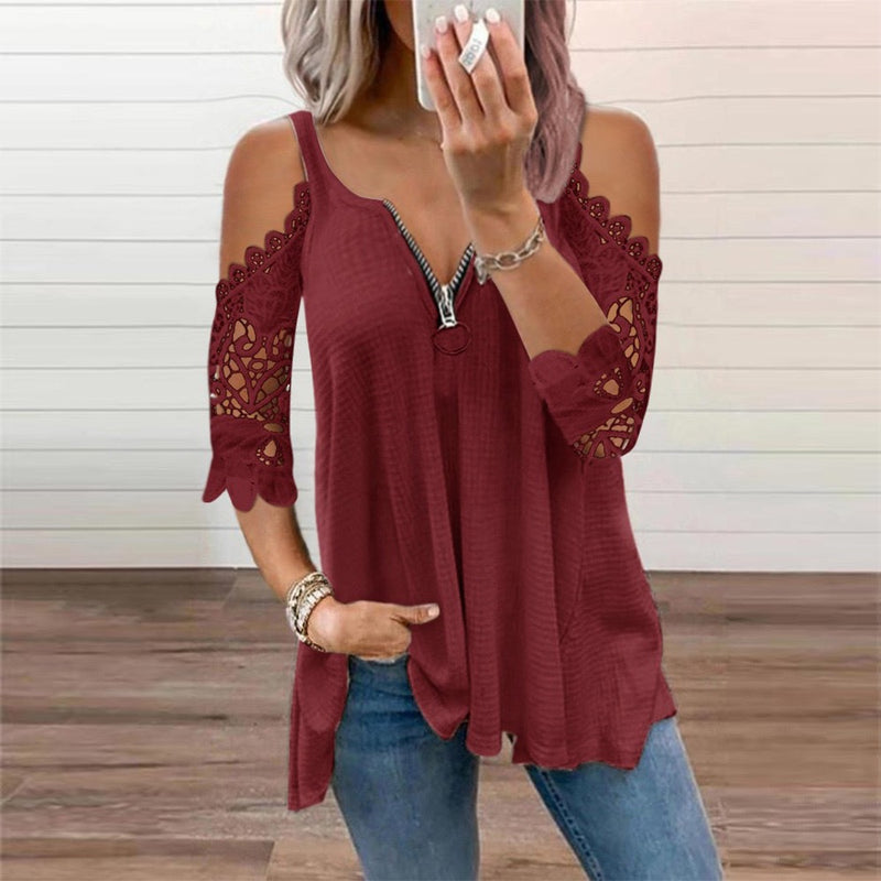 Cold Shoulder Zip Up Blouse Top