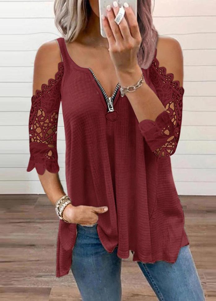 Cold Shoulder Zipper V Neck T-shirt