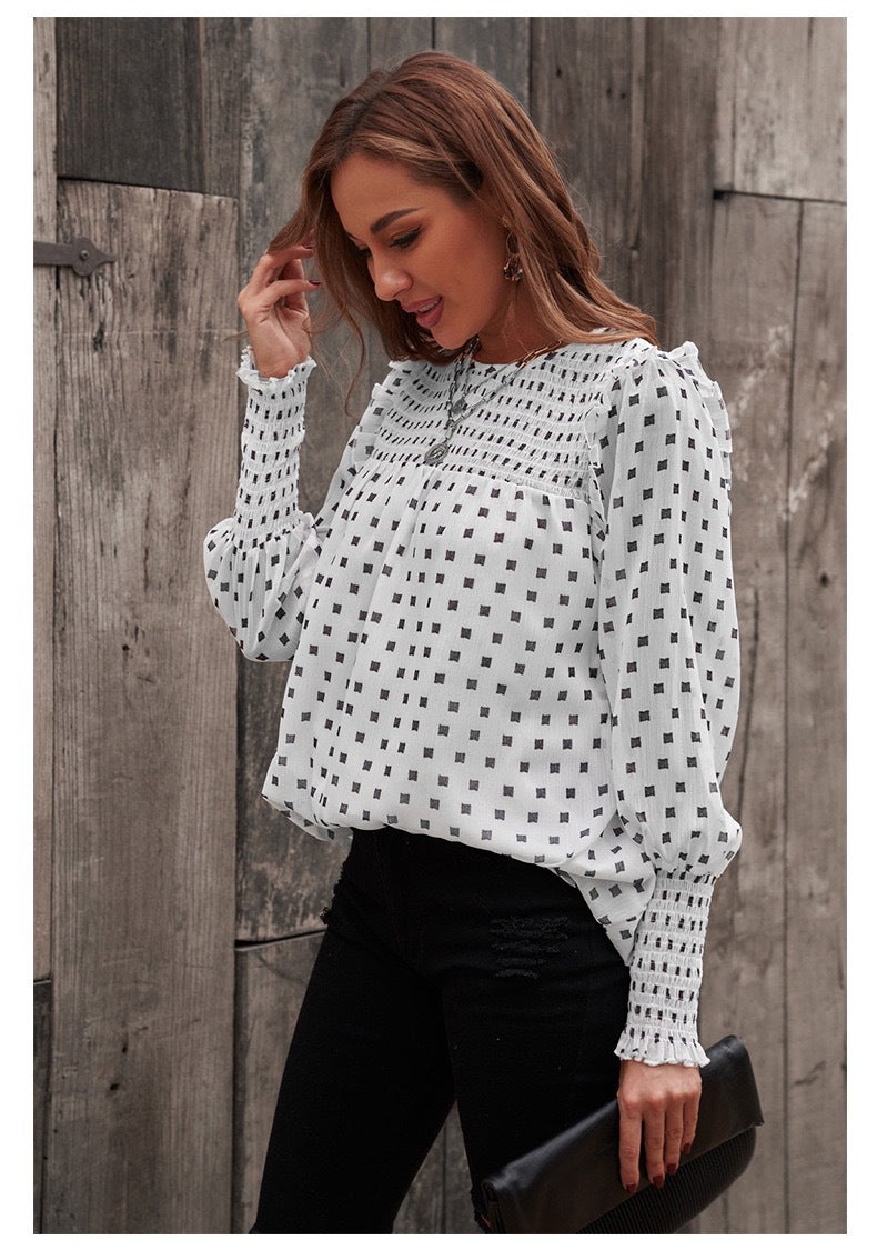 Polka Dot Round Neck Long Sleeve Top