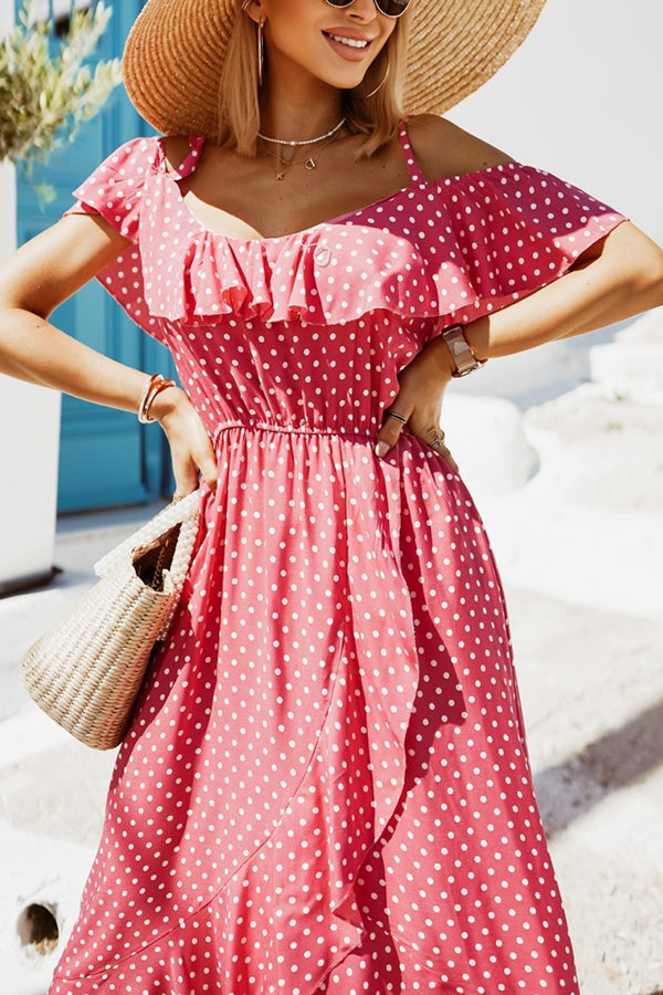 Dot Ruffles Off Shoulder Irregularity Maxi Dress