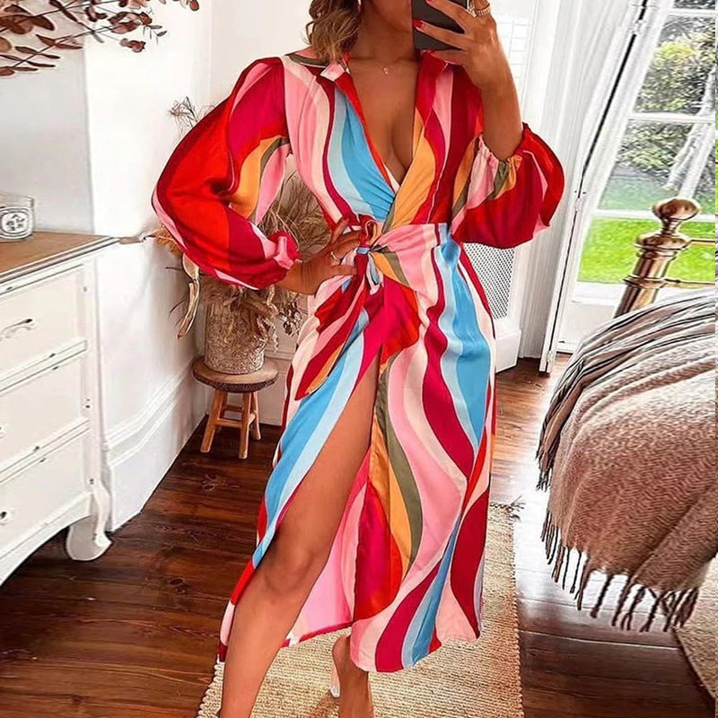 Casual Deep V Neck Long Sleeve SIde Split Maxi Dress