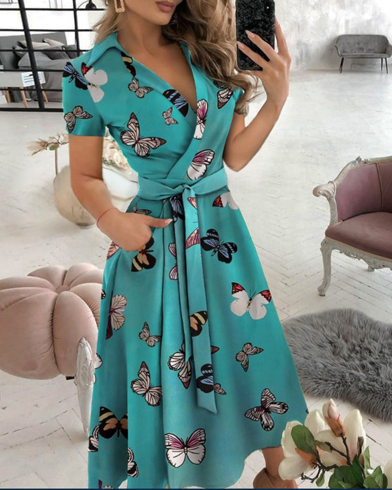 Cross V Neck Waist Tie Short Sleeve Midi Dress