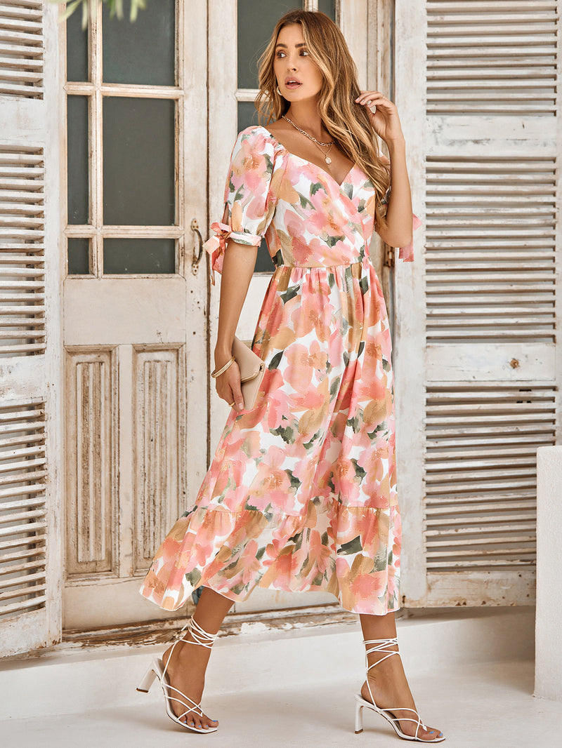 Elegant Short Sleeve V-Neck Printed Maxi Dress