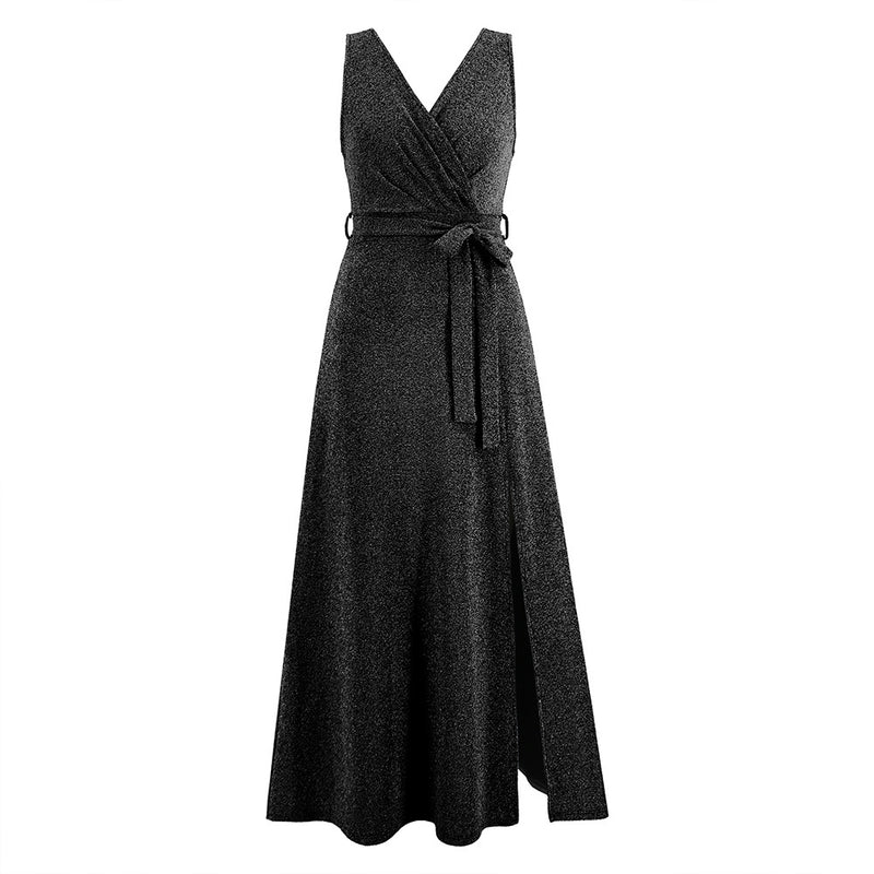 V-Neck Sleeveless Solid Color High Slit Belted Maxi Dress