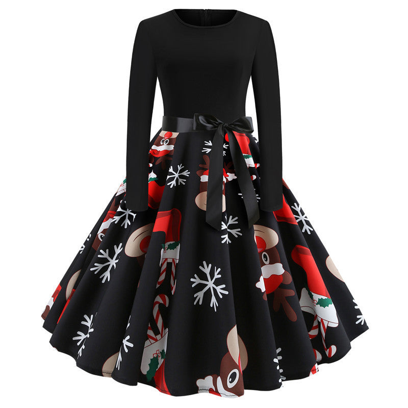 Elegant Long Sleeve Belted Pleated Christmas Dress