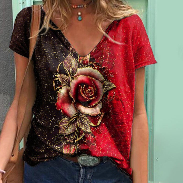 Classic Short Sleeve V Neck Floral T Shirt