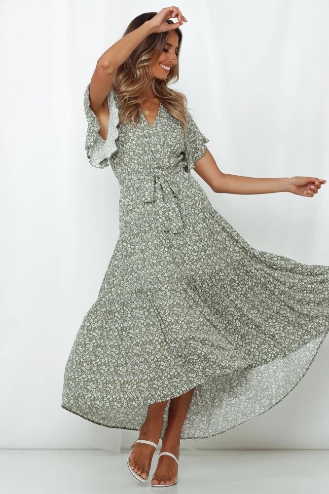 Short Sleeve Printed V-neck Midi Dress