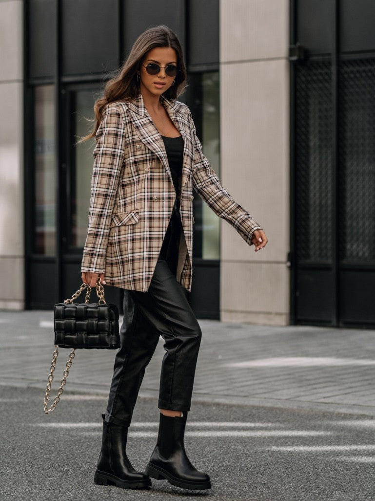 Lapel Collar Double Breasted Plaid Coat