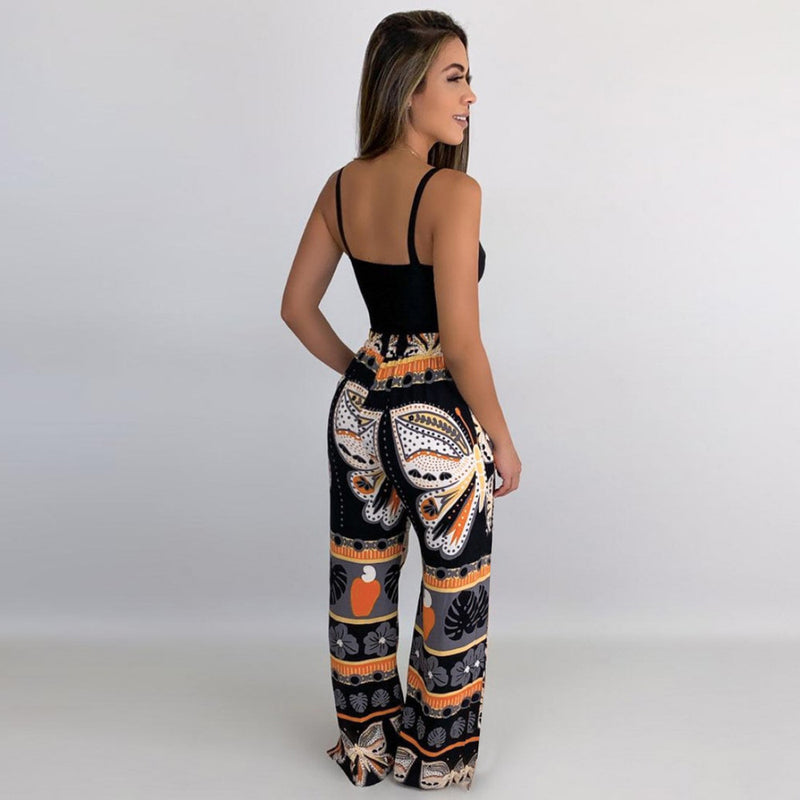 Butter Fly Print Elastic Waist Drawstring Long Pants