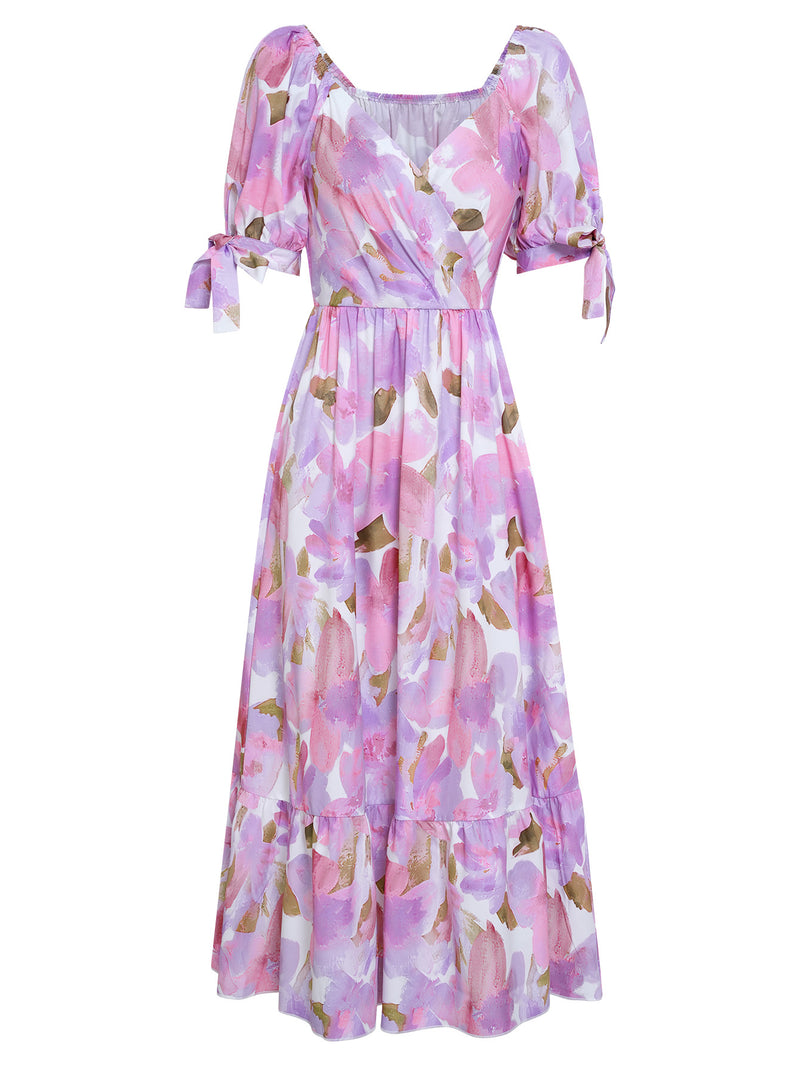 Elegant Short Sleeve V-Neck Printed Maxi Dress