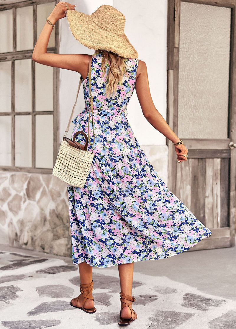 Sleeveless V-Neck Floral Print Loose Flared Midi Dress