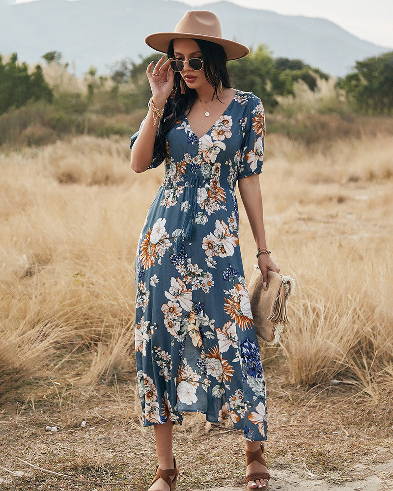 Elegant Deep V Neck Short Sleeve Floral Maxi Dress