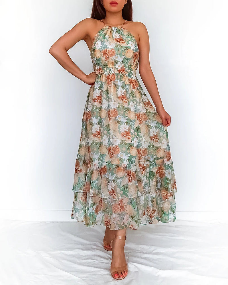 Fashion Sleeveless O-Neck Floral Printed Maxi Dress