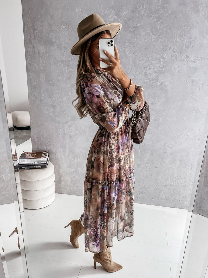 Button Up Long Sleeve High Waist Midi Dress