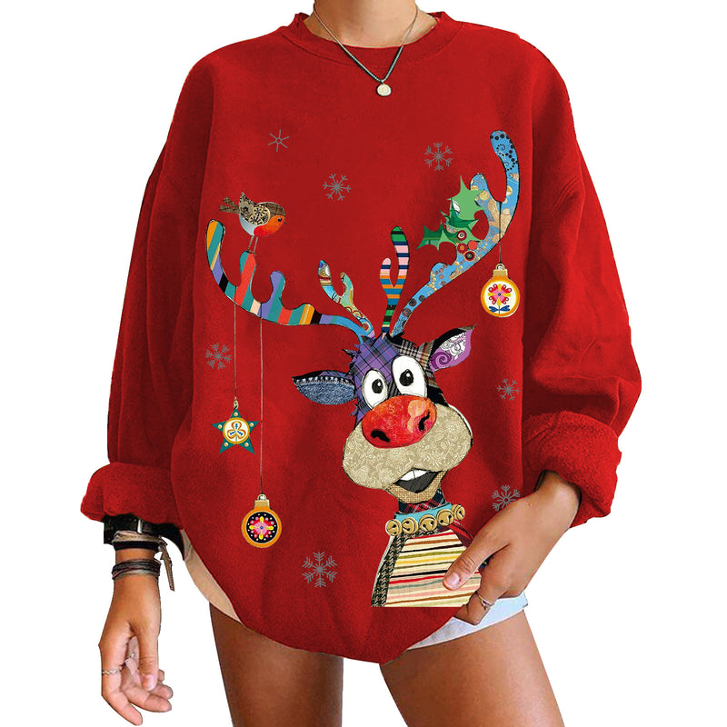 Christmas Ox Color Print Crew Neck Sweatshirt