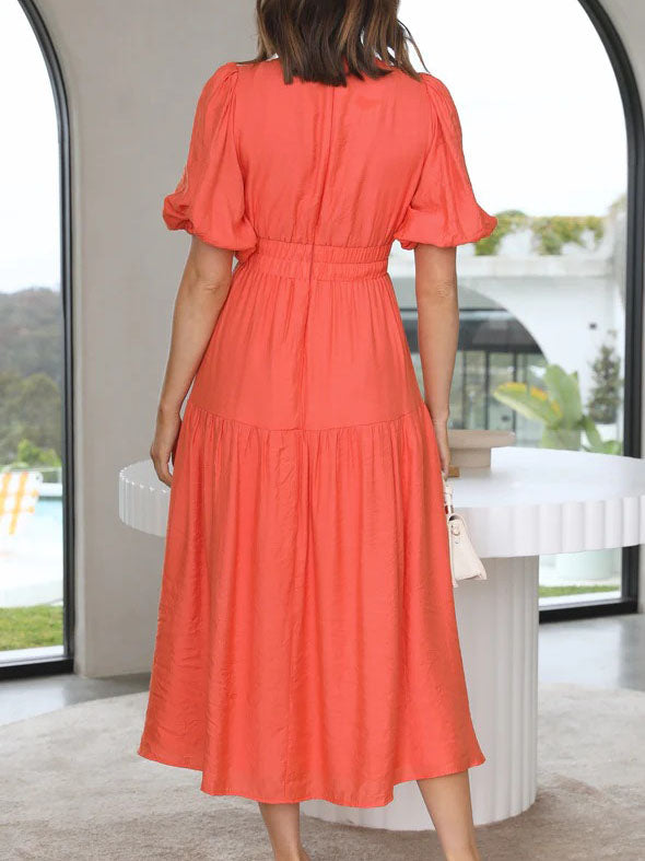 Deep V-Neck Short Sleeve Solid Color Maxi Dress