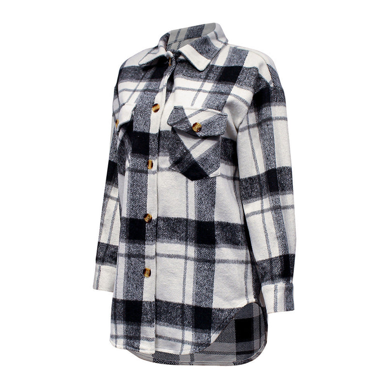 Fashion Long Sleeve Bend Down Collar Button Down Plaid Top Jacket