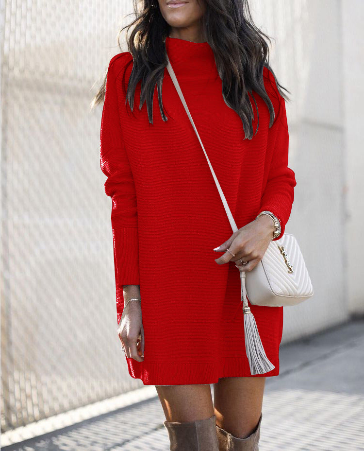 Casual Long Sleeve Turtle Neck Sweatshirt Dress