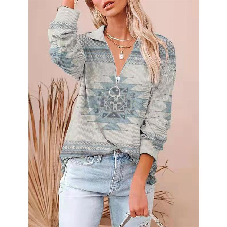 Zip Up Long Sleeve Collar Pullover Top