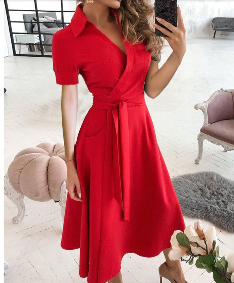 Cross V Neck Waist Tie Short Sleeve Midi Dress