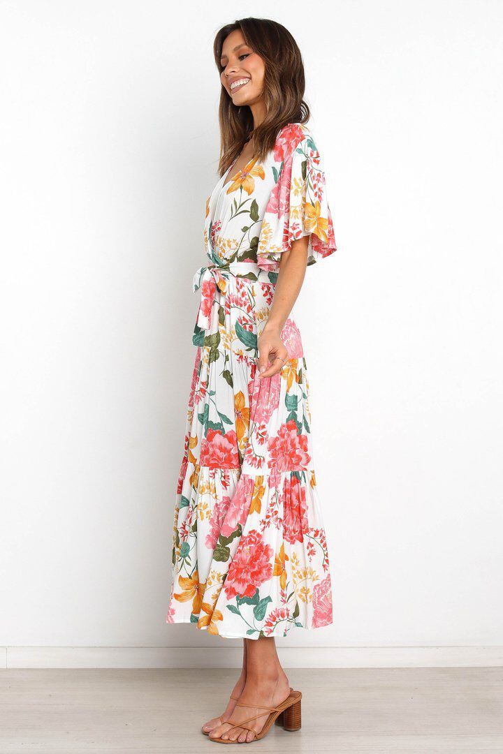 Floral V Neck Short Sleeve Maxi Dress