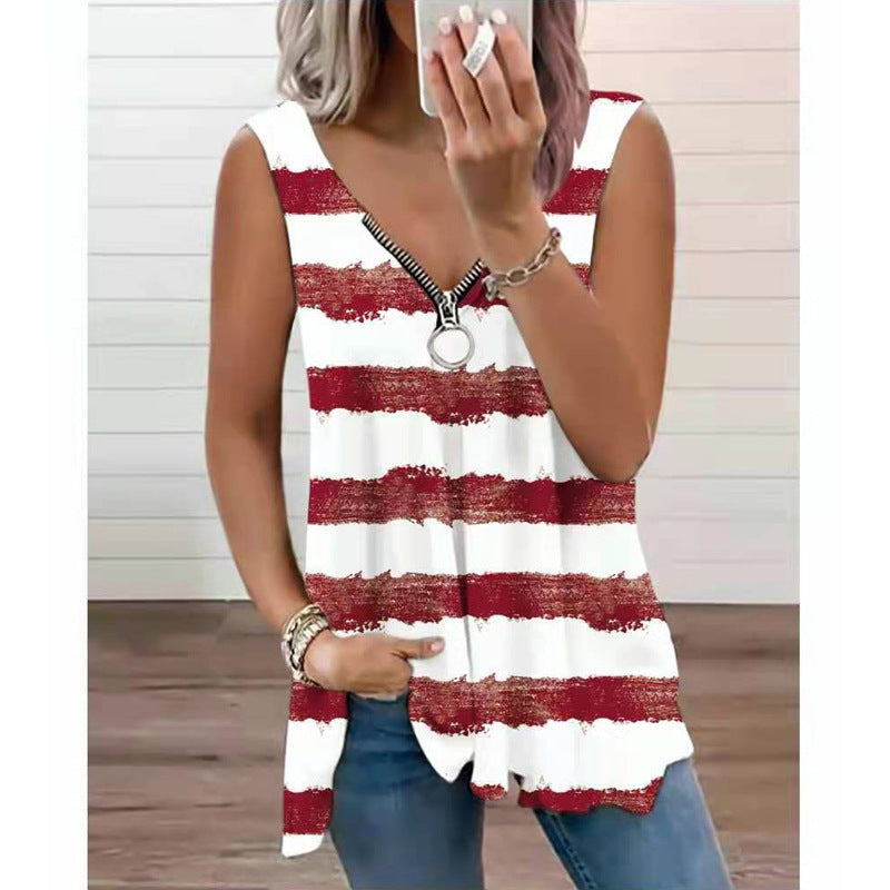 Zip Up Sleeveless Tank Blouse Top