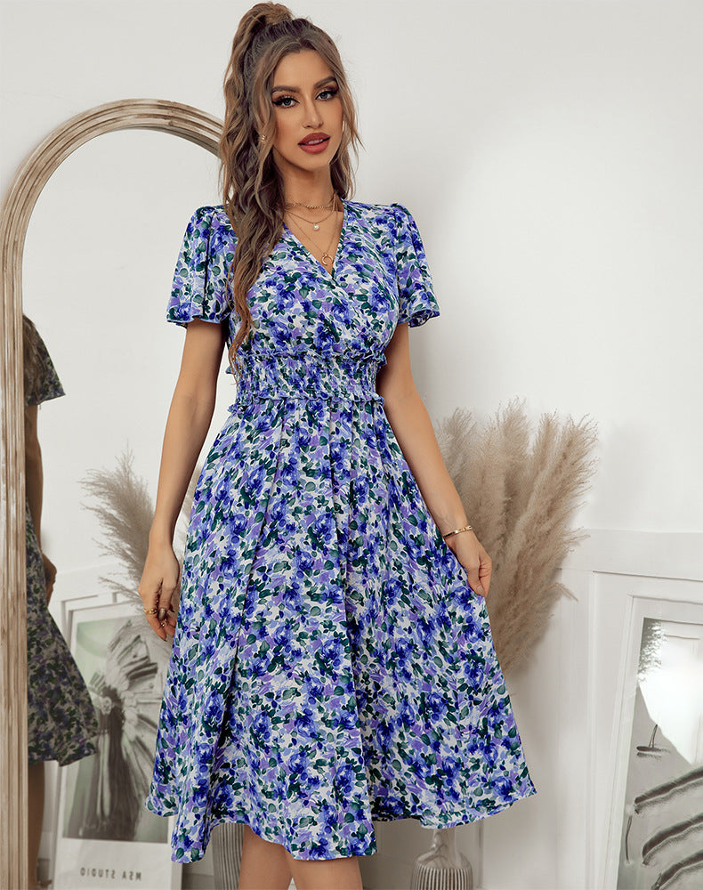 Floral Midi Short Sleeve V Neck Dress