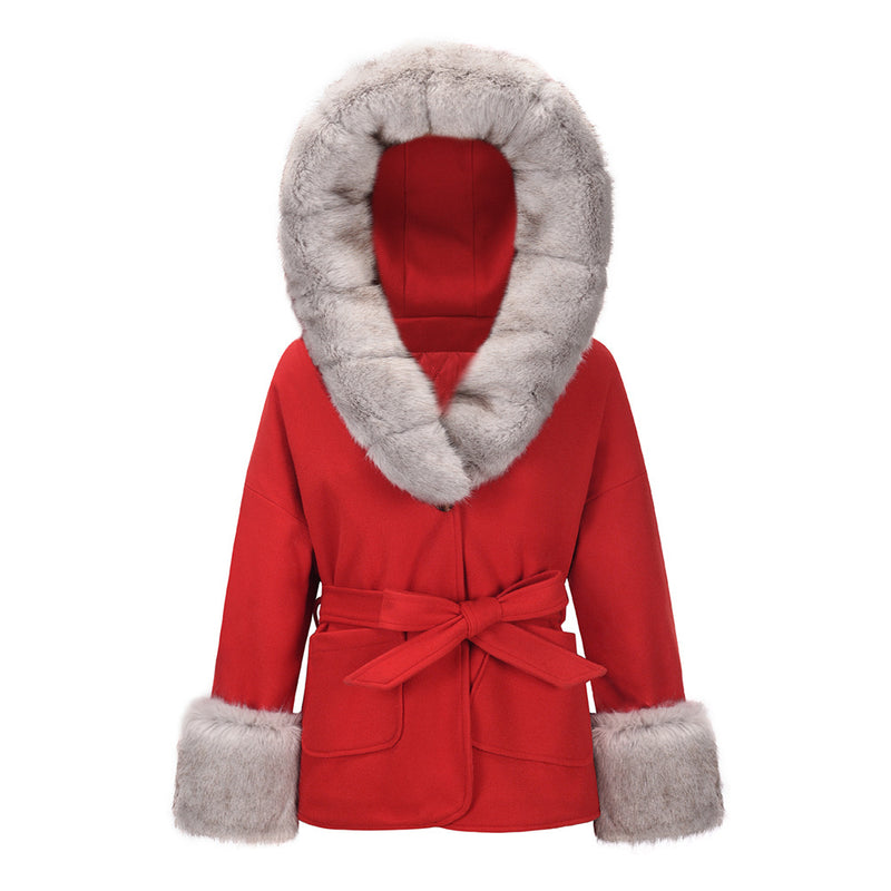 Bubble Faux Fur Tie Waist Front Pocket Coat