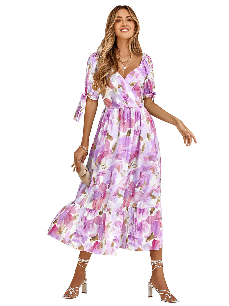 Elegant Short Sleeve V-Neck Printed Maxi Dress