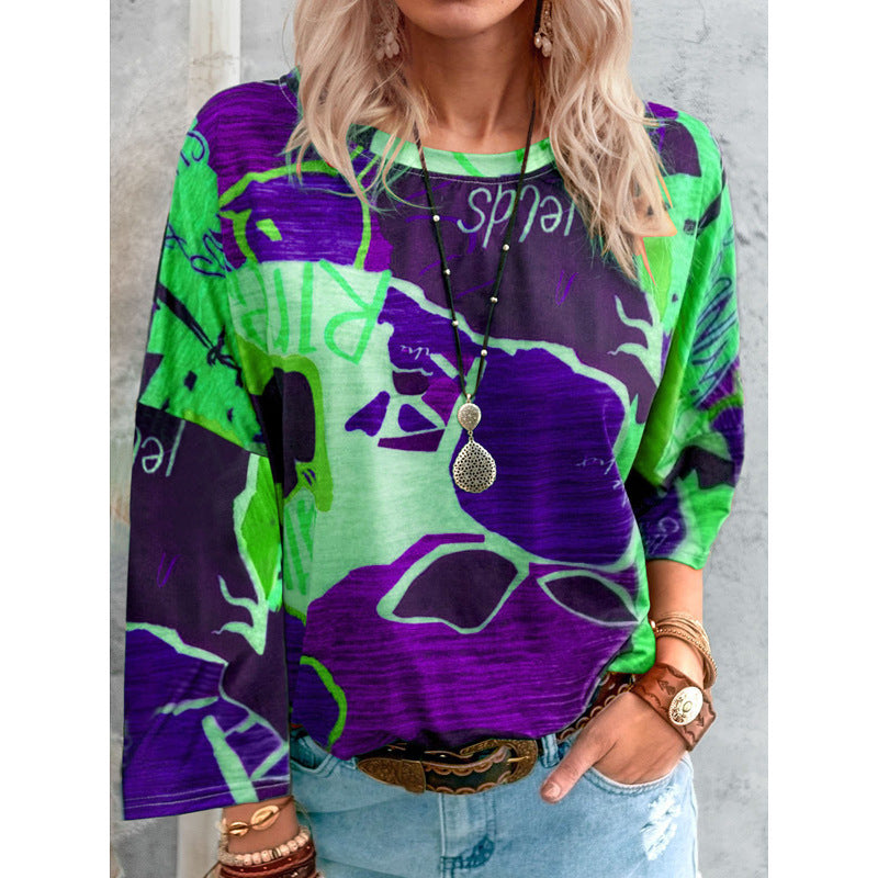 Casual Long Sleeve Tie Dye Round Neck Top