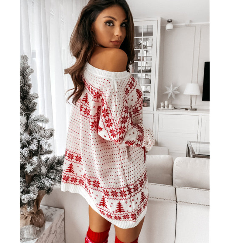 Off Shoulder Christmas Print Knitted Sweater