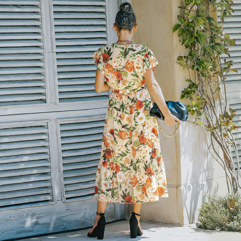 Cap Sleeve V Neck Loose Floral Maxi Dress