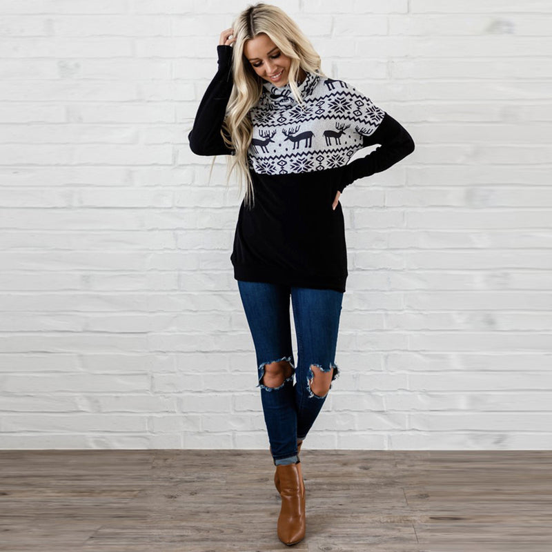 Turtle Neck Long Sleeve Ox Printed Sweatshirt