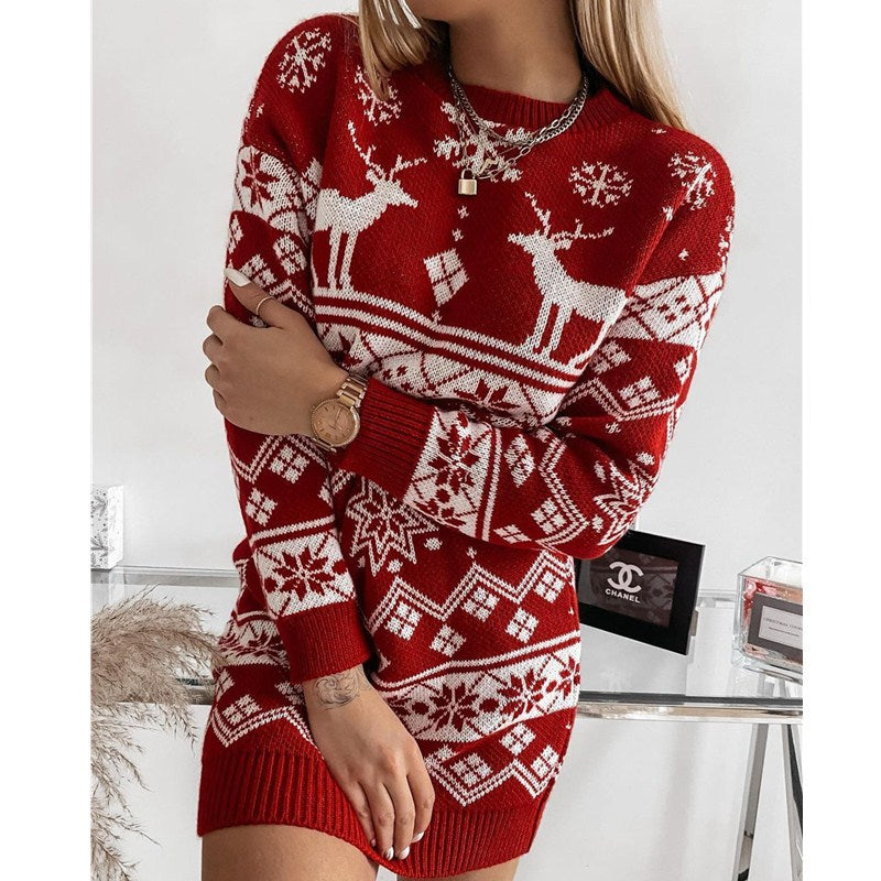 Xmas Print Knitted Sweater Dress