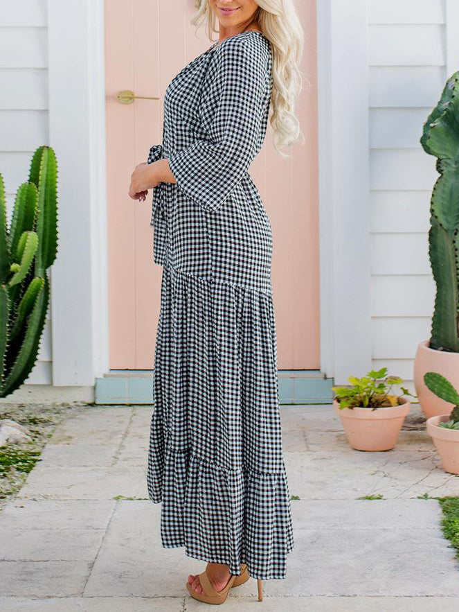 Long Sleeve Round Neck Plaid Maxi Dress