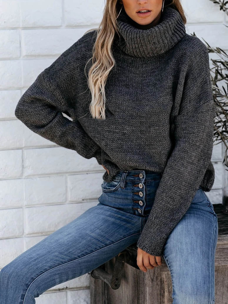 Turtle Neck Open Back Solid Color Knitted Sweater