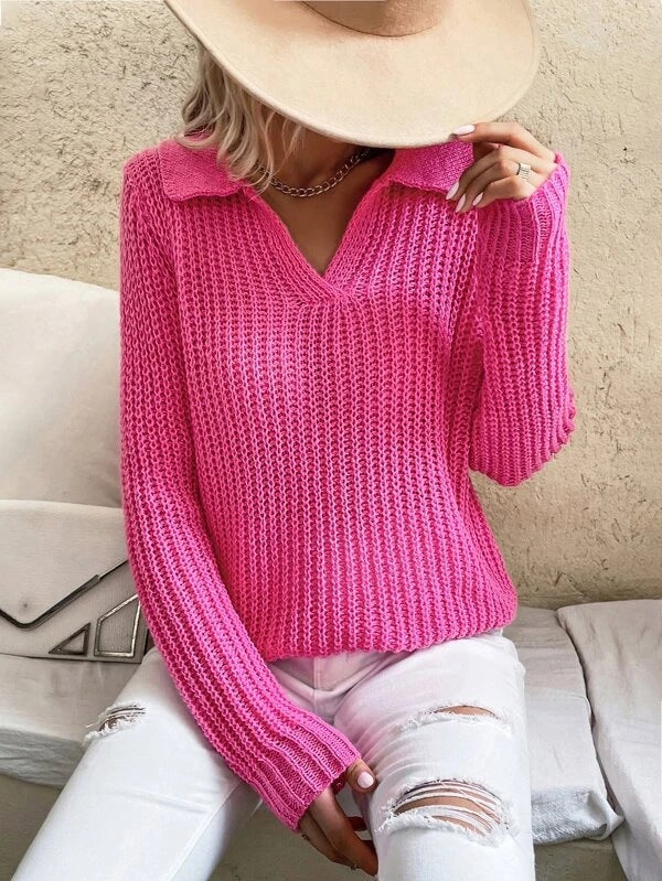 Collar V Neck Solid Color Knit Sweater Pullover